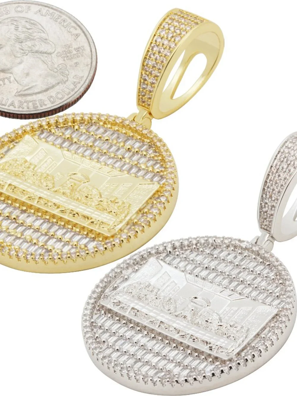 14k Yellow/White Gold Plated AAA Cubic Zirconia Last Supper Circle Pendant